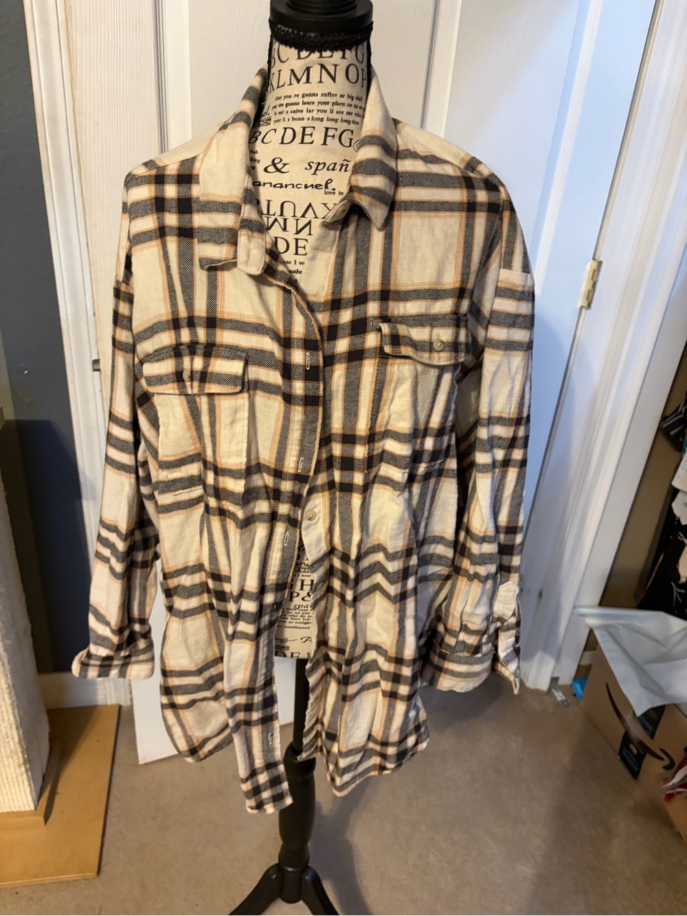 Old Navy Cream Plaid Boyfriend Shirt with Black and Tan Stripes